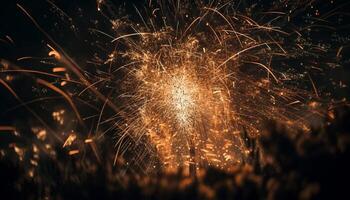 embrasé Jaune feux d'artifice exploser dans vibrant fête généré par ai photo