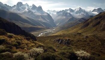 randonnée aventure dans majestueux Montagne intervalle paysage généré par ai photo