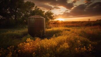 le coucher du soleil dans rustique ferme prairie, la nature beauté généré par ai photo