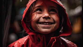 un joyeux enfant dans imperméable souriant en plein air généré par ai photo