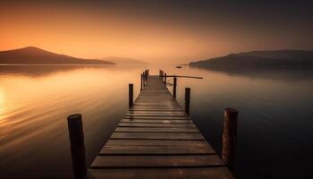 le tranquille le coucher du soleil silhouettes le en bois Dock généré par ai photo