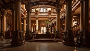 catholique autel, à l'intérieur ancien monument, illuminé à nuit généré par ai photo