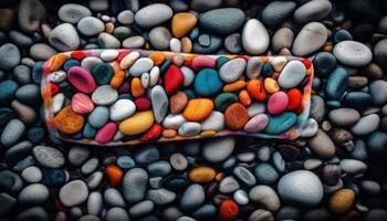 lisse multi coloré galets dans abstrait des tas en plein air généré par ai photo
