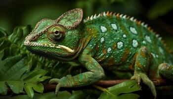 vert gecko sur branche dans tropical forêt tropicale généré par ai photo