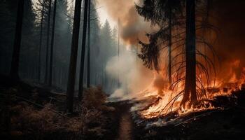 brûlant forêt, mystérieux flammes créer effrayant fantaisie généré par ai photo