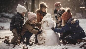 caucasien famille en jouant dans le neige ensemble généré par ai photo