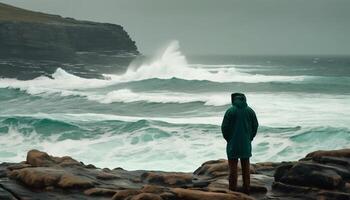 homme permanent sur falaise surplombant vagues et horizon généré par ai photo