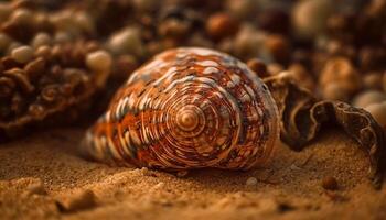 en spirale gastéropode coquille beauté sur sablonneux plage généré par ai photo