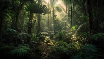 vert fougère sur arbre branche dans tropical forêt généré par ai photo