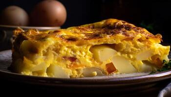 fraîchement cuit Jaune fromage omelette sur rustique assiette généré par ai photo