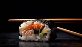 Frais Fruit de mer repas sur noir plaque, Japonais culture généré par ai photo