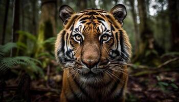 majestueux Bengale tigre regarde dans tropical forêt généré par ai photo