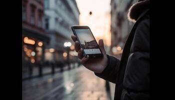 Jeune adulte homme d'affaire dactylographie sur toucher écran téléphone généré par ai photo