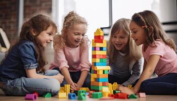 Jeune les enfants souriant, apprentissage, et en jouant ensemble à l'intérieur généré par ai photo