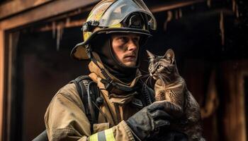 sapeur pompier et chat protéger contre dangereux flammes en plein air généré par ai photo