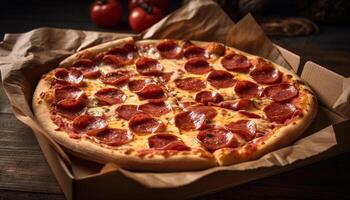 délicieux fait maison Pizza sur rustique en bois table généré par ai photo