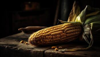 Frais le maïs sucré sur rustique en bois table dans l'automne généré par ai photo