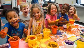 content des gamins créer coloré art dans salle de cours généré par ai photo