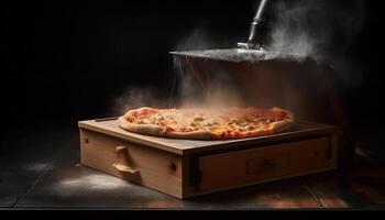 fraîchement cuit gourmet Pizza sur en bois table généré par ai photo