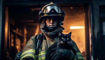 héros dans protecteur vêtements de travail enregistrer brûlant animaux généré par ai photo