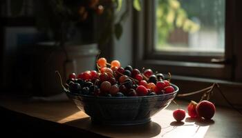 mûr baie fruit bol sur rustique en bois table généré par ai photo