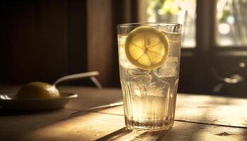 Frais limonade sur rustique en bois table en plein air généré par ai photo