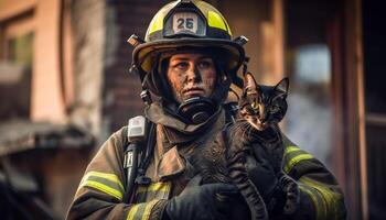 héros dans uniforme et équipement bats toi flammes généré par ai photo