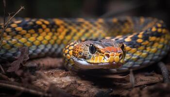 concentrer sur premier plan toxique serpent rampant sur Jaune branche généré par ai photo