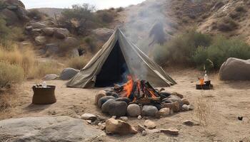 Les campeurs séance par feu, grillage nourriture, profiter la nature généré par ai photo