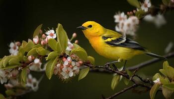 Jaune loriot se percher sur branche près Cerise fleur généré par ai photo