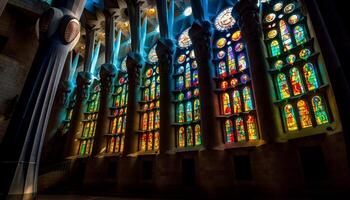 coloré verre illumine majestueux gothique Basilique intérieur généré par ai photo