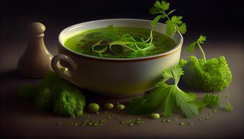 en bonne santé végétarien soupe avec Frais biologique Ingrédients généré par ai photo