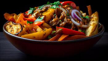 grillé Viande et légumes sur en bois assiette généré par ai photo