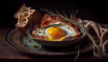 frit Bacon et Oeuf sur rustique assiette généré par ai photo