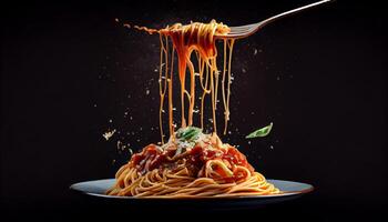 Frais Pâtes avec copieux bolognaise et Parmesan fromage généré par ai photo