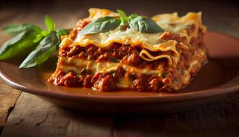 rustique bois table hôtes fait maison lasagne le banquet généré par ai photo