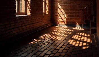 lumière du soleil jette ombres sur ancien brique architecture à l'intérieur généré par ai photo