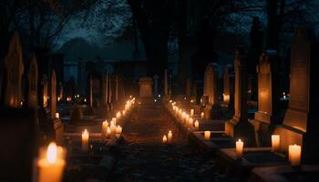 flammes éclairer vieux catholique cimetière à crépuscule généré par ai photo