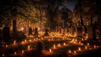 aux chandelles illumine traverser sur pierre tombale à crépuscule généré par ai photo
