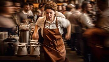 permanent barista habilement prépare café à petit magasin généré par ai photo