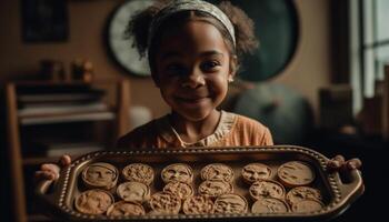 mignonne fille souriant tandis que apprentissage cuisson compétences généré par ai photo