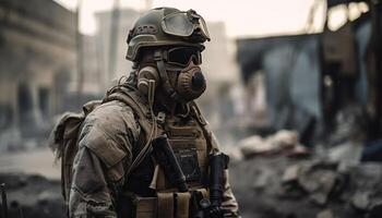 armée soldats portant protecteur masques et casques objectif généré par ai photo