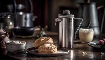 fait maison biscuits cuisson dans rustique en bois four généré par ai photo