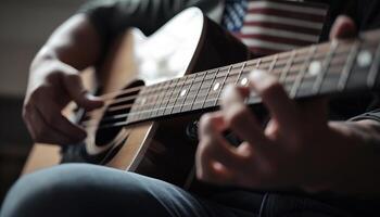 guitariste gratte acoustique, création la musique dans proche en haut généré par ai photo