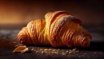 fraîchement cuit français Pâtisserie sur rustique table généré par ai photo