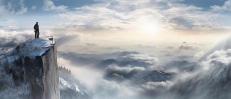 une homme permanent sur Roche sur une Montagne surplombant le des nuages. illustration ai génératif photo