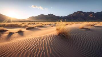 la nature la photographie, lever du soleil, faible à le sol, vent balayé le sable dunes, le sable ondulations, frotter brosse, longue lumineux ombres, Montagne intervalle dans le distance, photographier, cinématique éclairage, ai généré photo