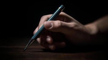 une main en portant une stylo, une main en portant une stylo spectacle plein main et stylo dans style, génératif ai photo