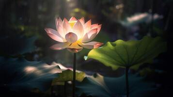 lotus fleur, une Célibataire lotus fleur brillant dans le soleil, ai généré photo