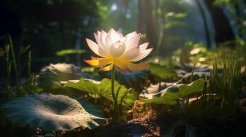 lotus fleur, une Célibataire lotus fleur brillant dans le soleil, ai généré photo